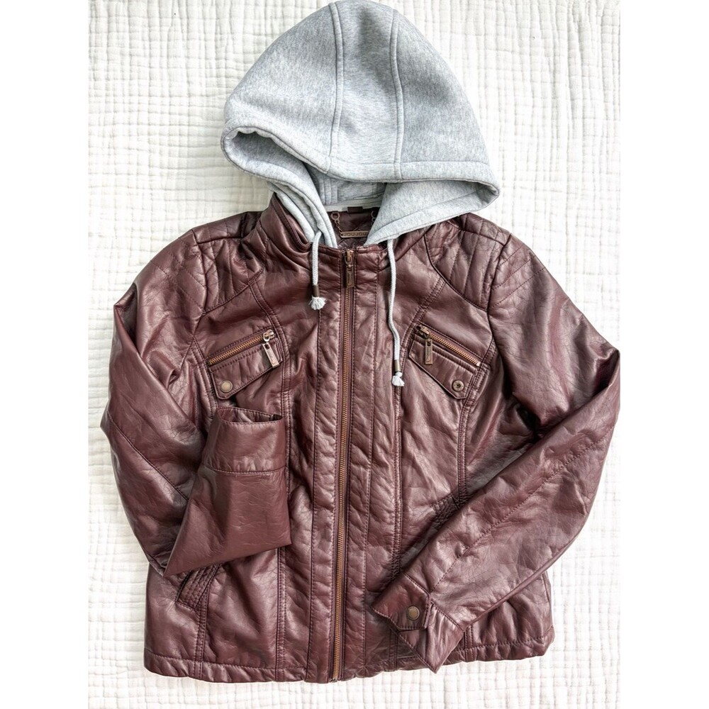 JouJou Brown Faux Leather Moto Jacket Removable Hood Faux Fur Lined Women’s L